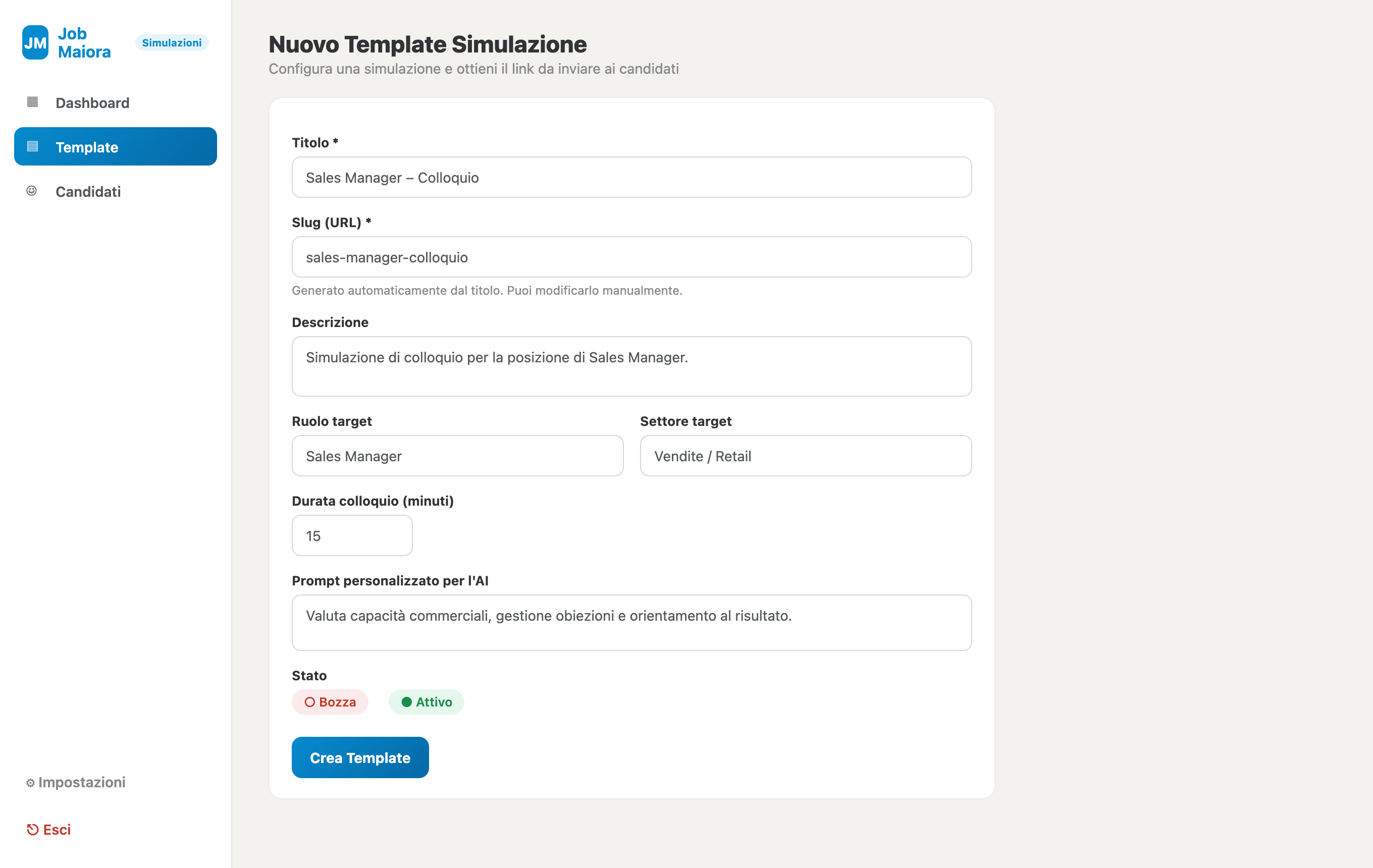 Il modulo per creare un nuovo template di simulazione